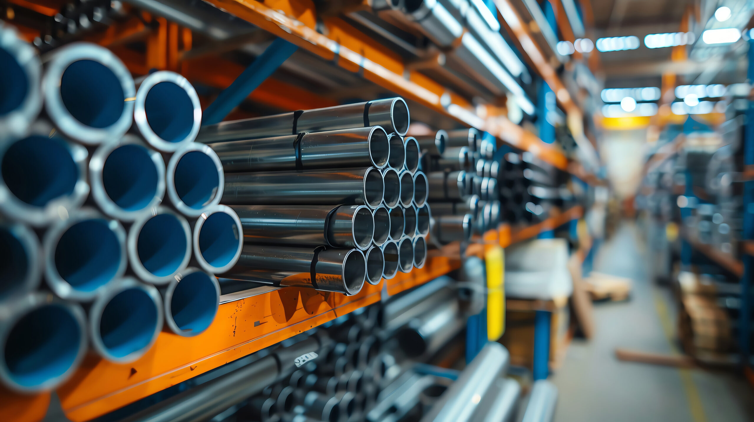 Shelves filled with various metal pipes and tubing in an industrial warehouse, showcasing materials arranged for manufacturing and construction use.